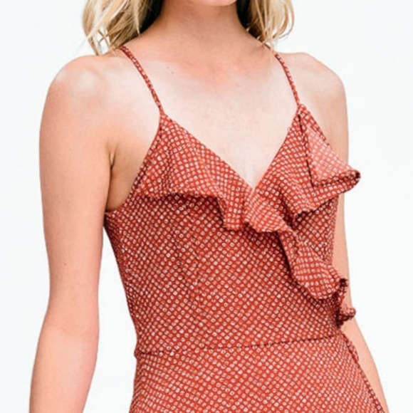 Rust Retro Ruffles Faux Wrap Racer Back Cute Dress - Picture 5 of 8